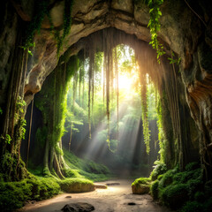 Lush cave entrance sunlit jungle vines green