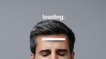 Man with eyes closed and digital loading bar on forehead. Conceptual image of mental fatigue, burnout, or data overload.