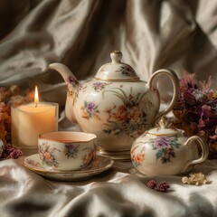 Floral Tea Set, Candles, Dried Flowers.  Elegant Display