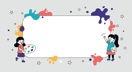 Fototapeta premium Creative kids painting and drawing fun with colorful art supplies and splatter designs border