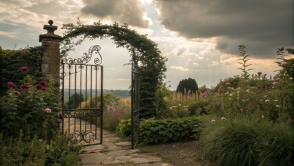 Obraz premium Step into a magical garden through the iron gate and discover a secret world of vibrant flowers
