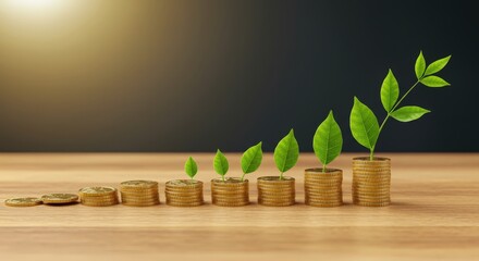 Green Plants Growing from Coin Stacks Representing Financial Growth