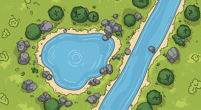 Serene lakeside and flowing river ecosystem with lush greenery and rocky outcroppings in a charming overhead view