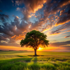 Majestic tree in golden sunset field clouds