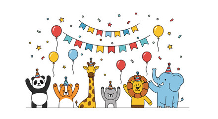 Cute cartoon animals celebrating a birthday party with balloons and confetti fun decorations