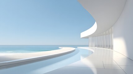 Obraz premium A modern architectural structure with a coastal view.