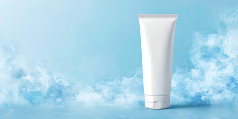 White tube of cream or lotion on blue background with clouds


