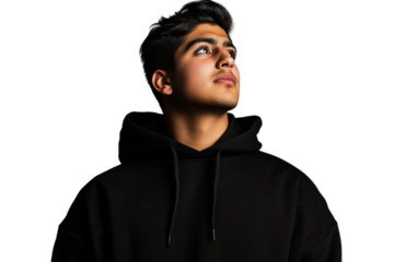 Handsome man wearing black hoodie and looking up, isolated on transparent background