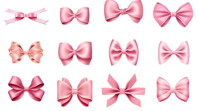 Set of elegant pink coquette style bows isolated on white background