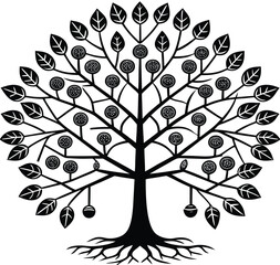 Abstract black and white vector tree silhouette with roots floral nature design and decorative elements