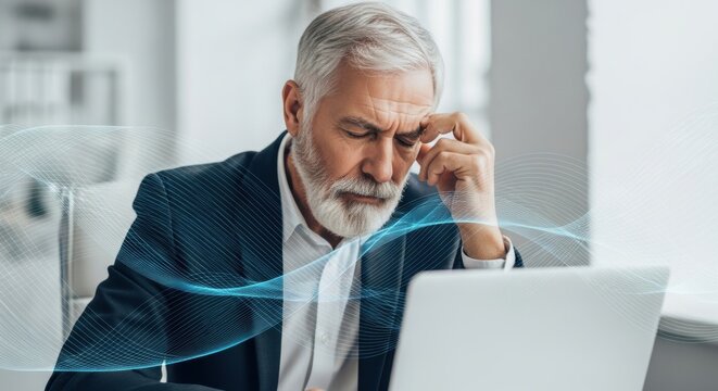 Stressed businessman with gray hair and beard rubbing his eyes while looking at a laptop with digital network overlay