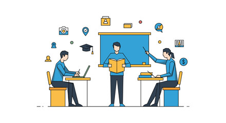 Modern education concept with teachers and students engaging in learning activities in a classroom setting