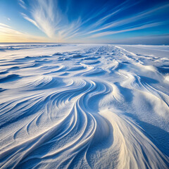 Swirling snowdrifts under a vast blue sky winter landscape