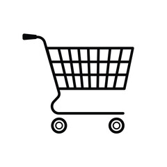 Black and white vector illustration of a shopping cart icon with outline style representing e-commerce buy now retail sale store checkout and online shopping concept isolated on white background
