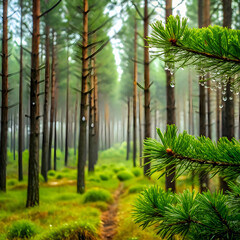 Verdant pine forest with dew drops green needles misty atmosphere
