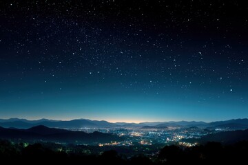 Fototapeta premium Contrast between starlit rural area and bright cityscape showing light pollution boundary with copy space. Soft night light. Horizon background.