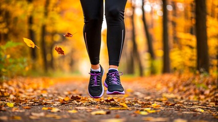 Runner jumping in autumn forest trail with colorful falling leaves

