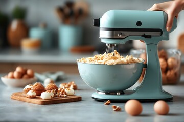 Electric mixer on kitchen counter mixing cake batter with motion blur with copy space. Warm soft light.Modern kitchen background.