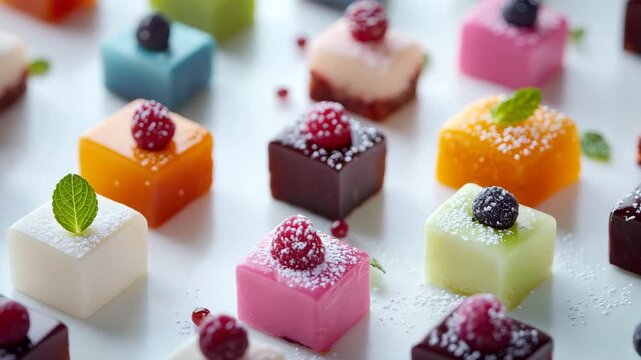 Colorful assorted mini cheesecakes with berries and mint leaves on a white surface