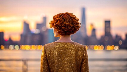 Redhead woman in gold dress looking at city skyline during sunset

