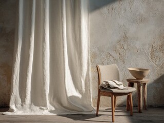 A white curtain hangs in front of a chair. A bowl is on a stool next to the chair