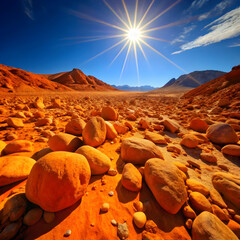 Glowing orange desert landscape under bright sun rocks