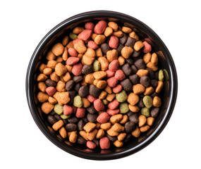 Colorful dry pet food in a black bowl on a transparent background for nutritional purpose 