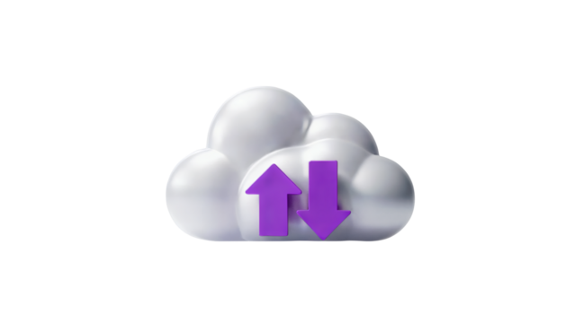 Seamless data transfer symbolized by cloud and purple arrows for digital connectivity and storage solutions