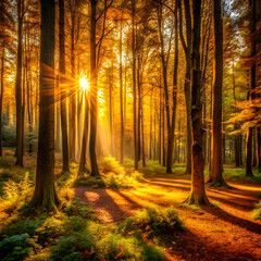 Golden sunbeams pierce through autumn forest trees