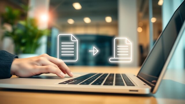Hand typing on laptop with digital document transfer icons keyboard