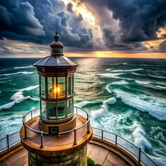 Lighthouse beacon illuminates stormy ocean waves at sunset