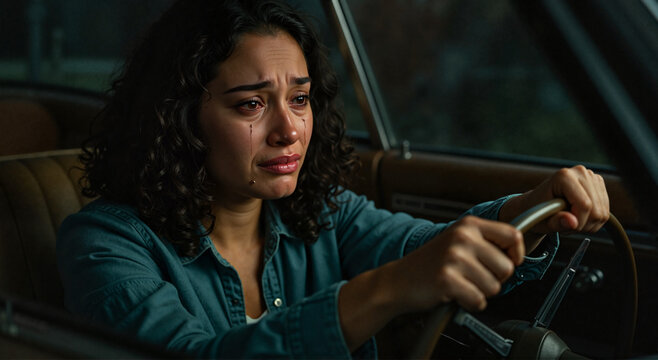 Young woman crying while driving a car in emotional distress  