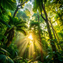Lush forest canopy illuminated by sunbeams sunlight