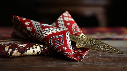 Red-and-white Indonesian batik textile with golden ceremonial keris on rustic wood, warm sunlight and soft background blur highlight Independence Day cultural richness