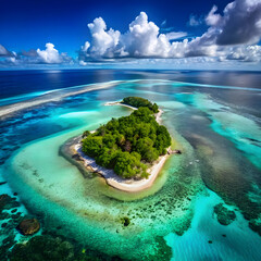 Lush green island turquoise waters azure sky ocean