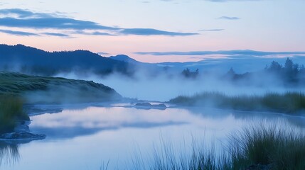 Fototapeta premium Soft mist rising from a tranquil mountain retreat
