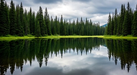 Serene forest lake with perfect reflection of evergreen trees under cloudy sky