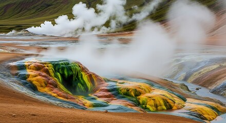 Vibrant geothermal landscape with colorful mineral deposits and steaming vents