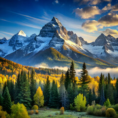 Majestic snow capped mountains and golden autumn forest