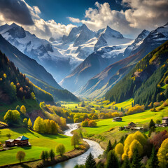 Majestic Mountain Valley With Snowy Peaks And Lush Greenery