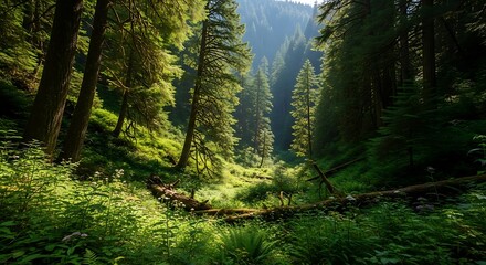 Sunlight streams through a lush green forest illuminating a verdant undergrowth