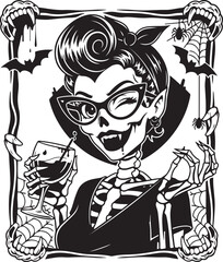 Pin up skeleton vampire woman drinking cocktail isolated on white background