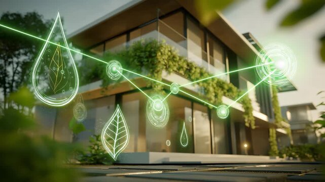Modernes nachhaltiges Haus mit Solardach und animierten Energiesymbolen. K&uuml;nstliche Intelligenz KI