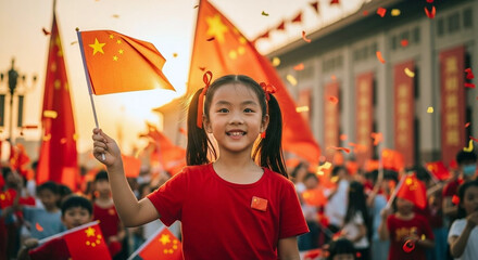 Happy Asian Girl Waving China Flag in Crowd Celebration with Patriotic Spirit fast and Celebration mood