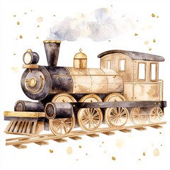 Artistic Watercolor Toy Train Illustration on White Background for Kids' Decor