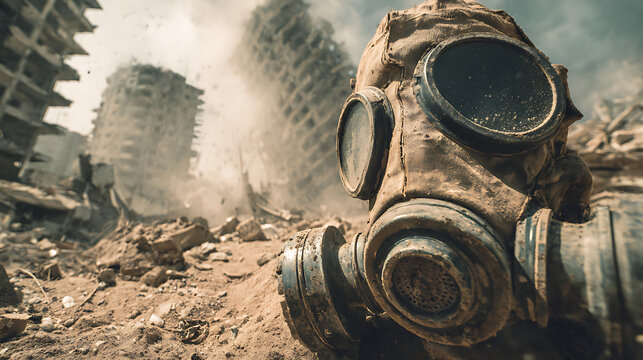 Gas mask resting on debris in a war-torn urban landscape with crumbling buildings and dust