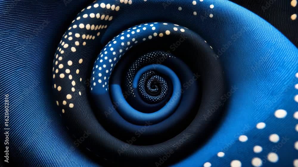Poster a close-up of a blue fabric spiral with white dotted patterns creating a dynamic visual effect