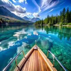 Wooden boat sailing clear turquoise water mountains forest