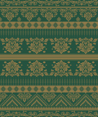 Damask seamless pattern, Ikat floral seamless pattern background, vector illustration, Ikat ethnic oriental embroidery, Aztec style, Design for texture, fashion, Elegant, Auspicious green