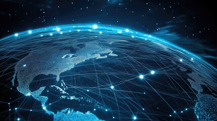 Obraz premium Digital internet network with blue data streams and virtual connections. The internet and the earth.